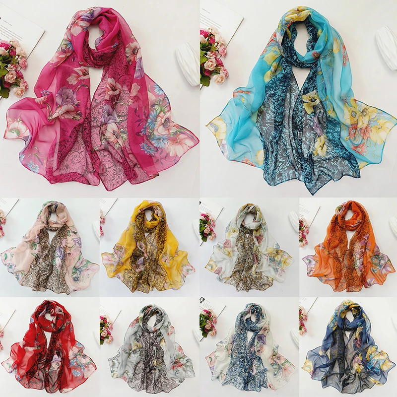 

Sunscreen Thin Scarves Long Shawl Large Wrap Floral Silk Feeling Scarf Hijab Chiffon Georgette Bandana Scarves Decorative DIY