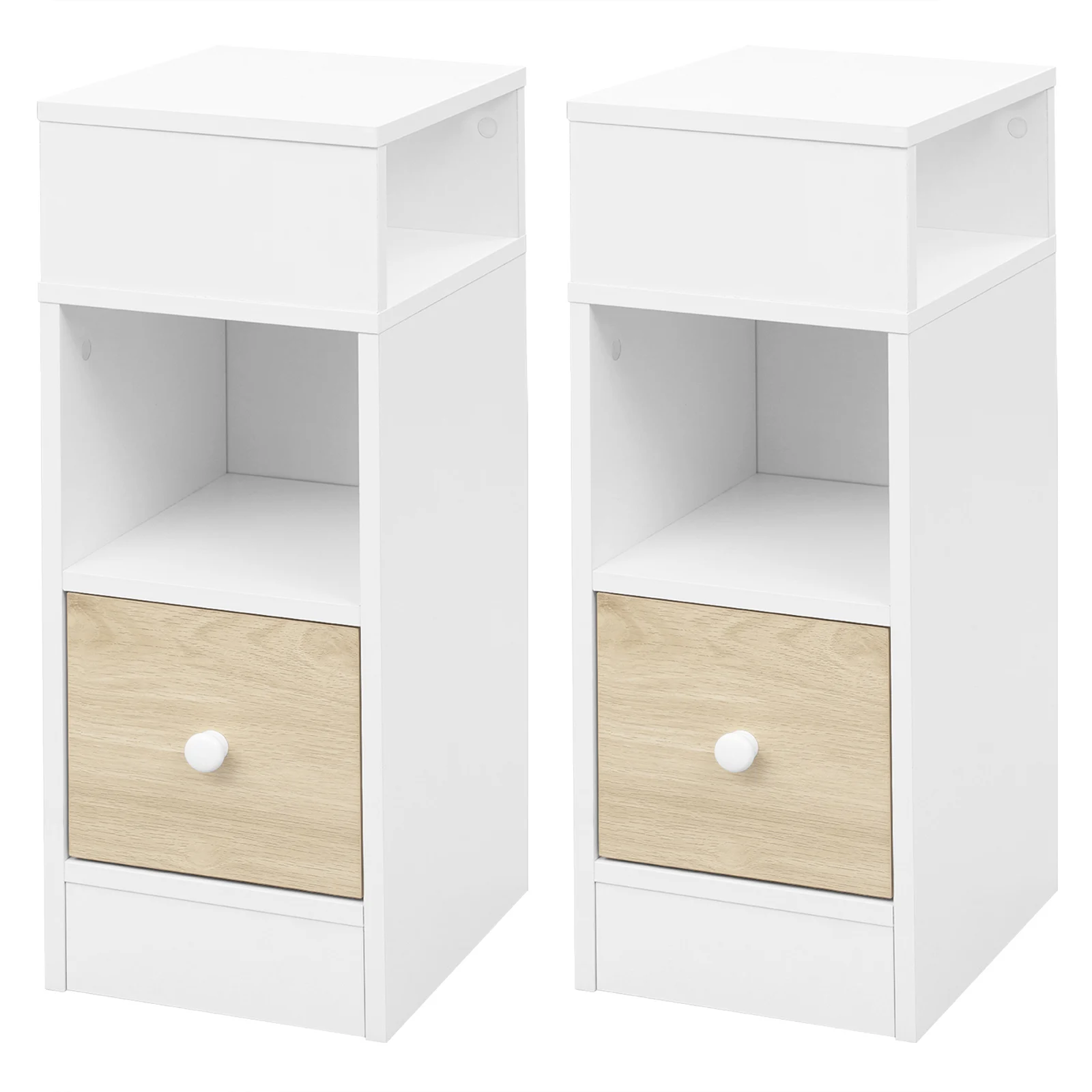 2PCs Bedroom Bedside Table with 2Open Shelves 1Drawer 25x66x30cm Slim Small Storage Cabinet Nightstand Space-Saving Home Decor - Image 3