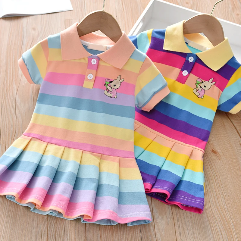

New Girls Dress Summer Short Sleeve Lapel Knee-Length Cotton Dress Chic Rainbow Striped Casual Outing Princess Dress Sport Wear
