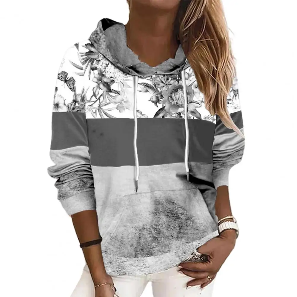 

Women Sweatshirt Flower Print Color Block Hooded Sweatshirt Stylish Women's Loose Fit Pullover With Drawstring Long Sleeves