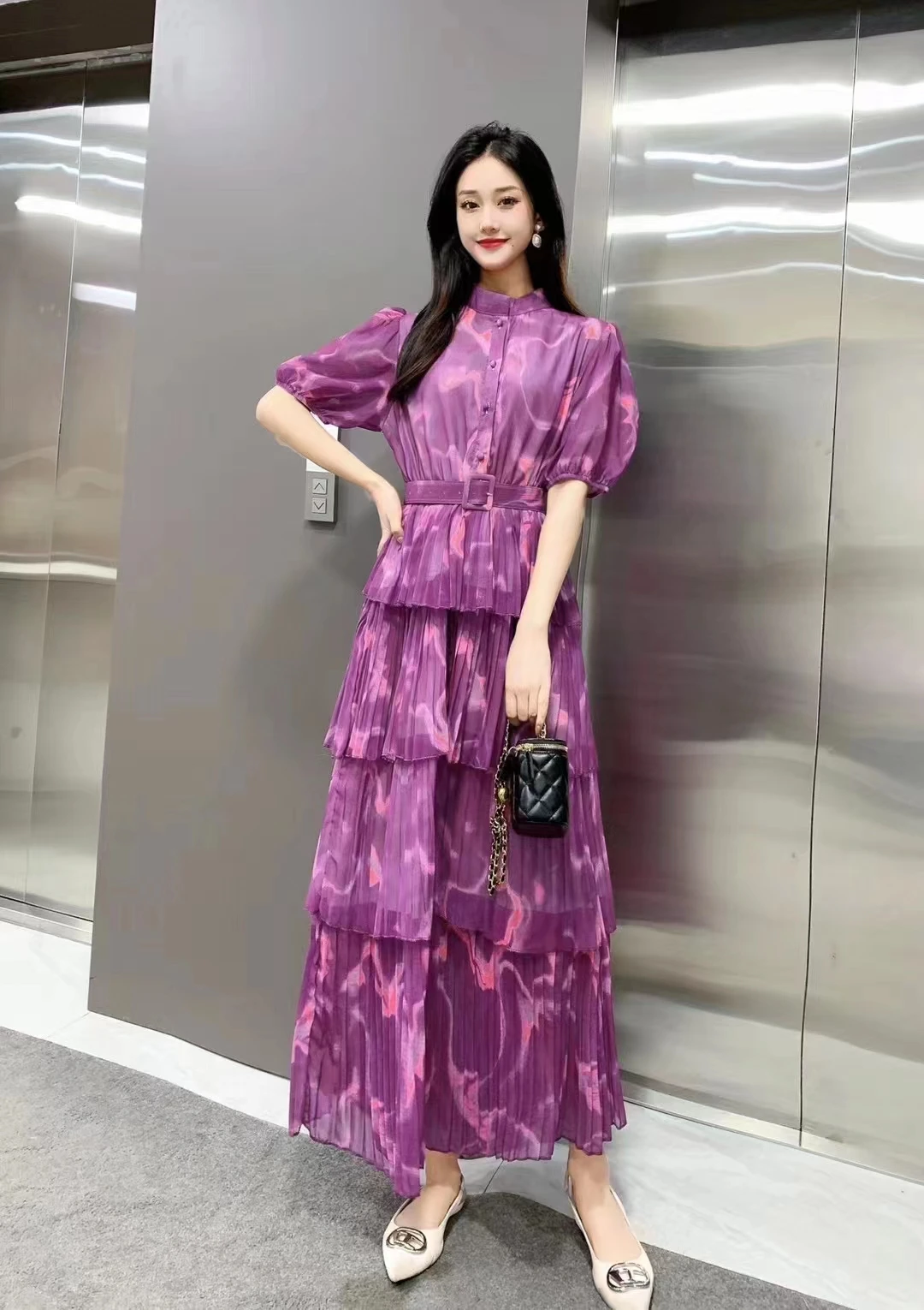 2023 New Summer Women Short Sleeve Belt Slim Long Dress High