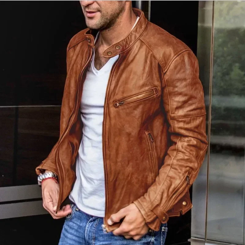 Men's Casual Zipper Button Jacket Autumn Winter Vintage Faux Leather PU Jacket Men's Long Sleeve Stand Collar Motorcycle Jacket