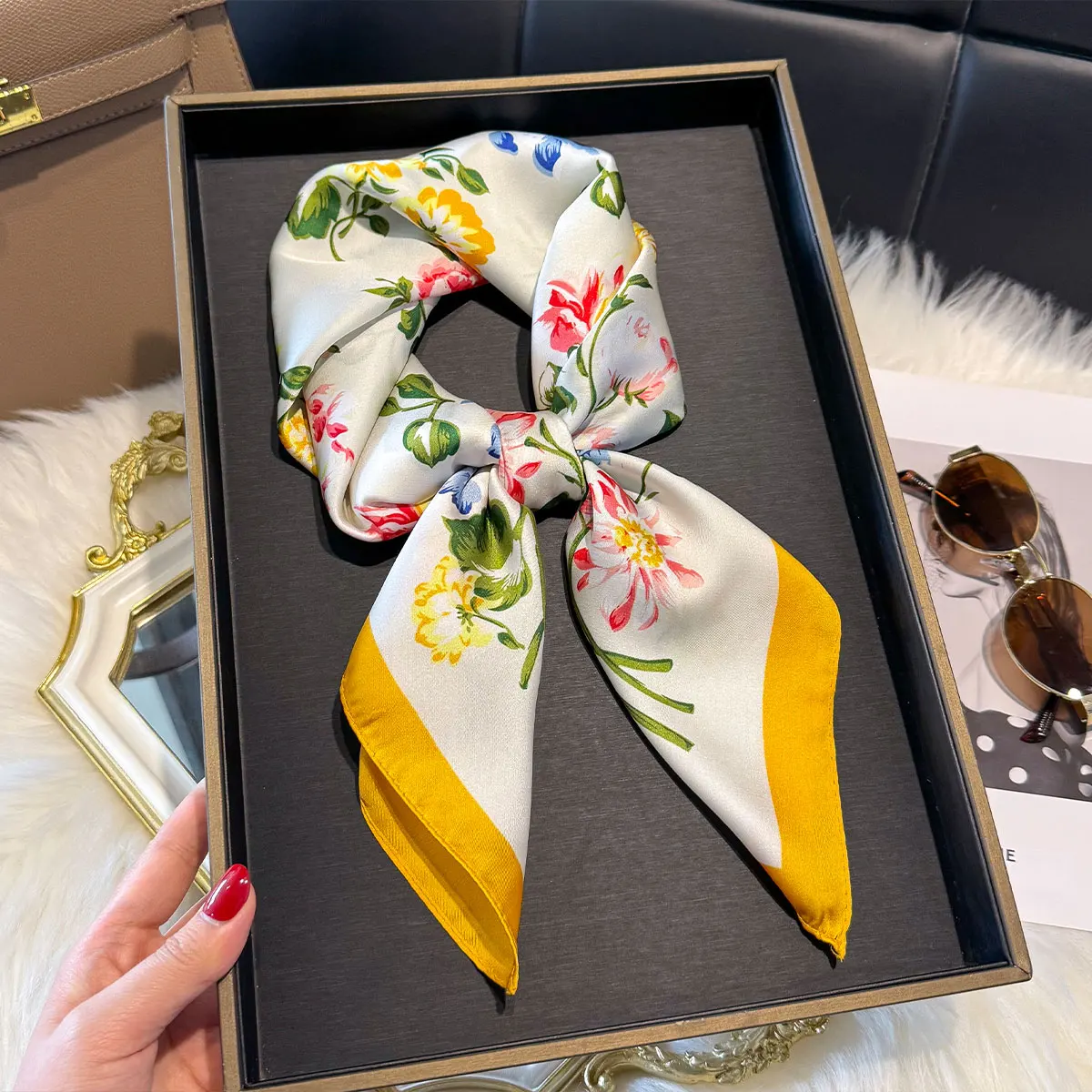 Spring and Autumn NEW Floral Square Scarf Women Satin Shawl Wrap Hijab Female Hair Luxury Headkerchief Sun Protection Bandana