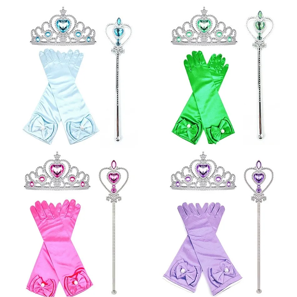 Children Accessories Set Queen Elsa Aurora Rapunzel Fancy Costume Party Supplies Blue Green Pink Purple Wand Crown Gloves Outfit