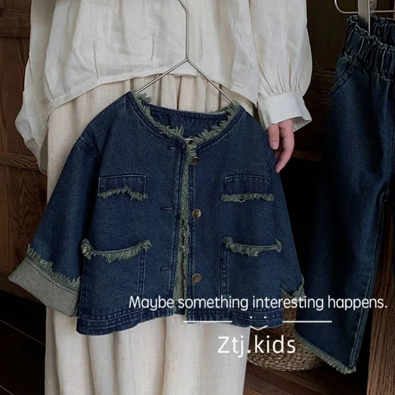 

Girls' Denim Suit Autumn and Winter Washed Denim Long-Sleeved Tops Wide Leg Jeans 2-Piece Girl Coat