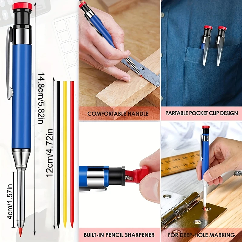 Metal Woodworking Mechanical Pencil With 2.8mm 10pcs/box Lead and Eraser, Deep Hole Marker Carpenter Architect Drawing Pencils 6