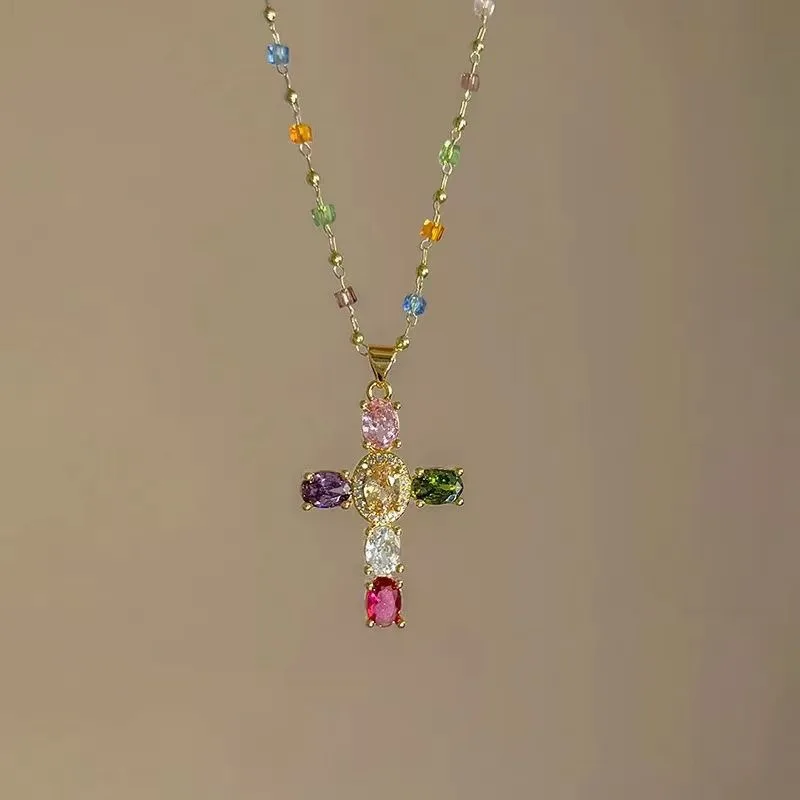 Modische bunte Zirkon-Kreuz-Anhänger-Halskette für Frauen, Edelstahl, silberfarben, religiöser Charme, Halsketten, Schmuck