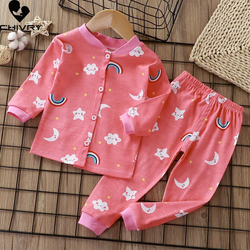 

New 2023 Kids Boys Girls Pajamas Cartoon Long Sleeve Cardigan T-Shirt Tops with Pants Toddler Baby Autumn Sleeping Clothes Sets