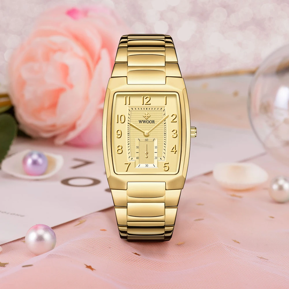 Elegant Gold Women's Waterproof Square Wristwatch with Steel Bracelet