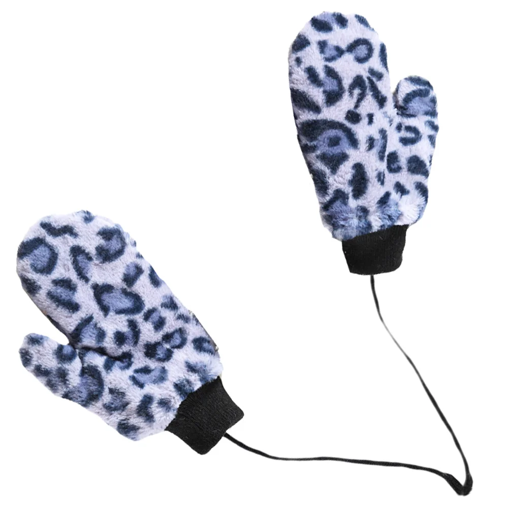 

Winter Leopard-Print Gloves Wind-Proof Warm Full-finger Neck Hanging Kids Cycling for Student String Windproof