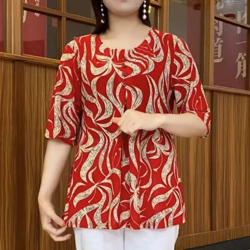 Summer 2024 Women's New Pullover O-Neck Patchwork Button Printing Folds Fashion Loose All-match Half Sleeves Blouses Shirts