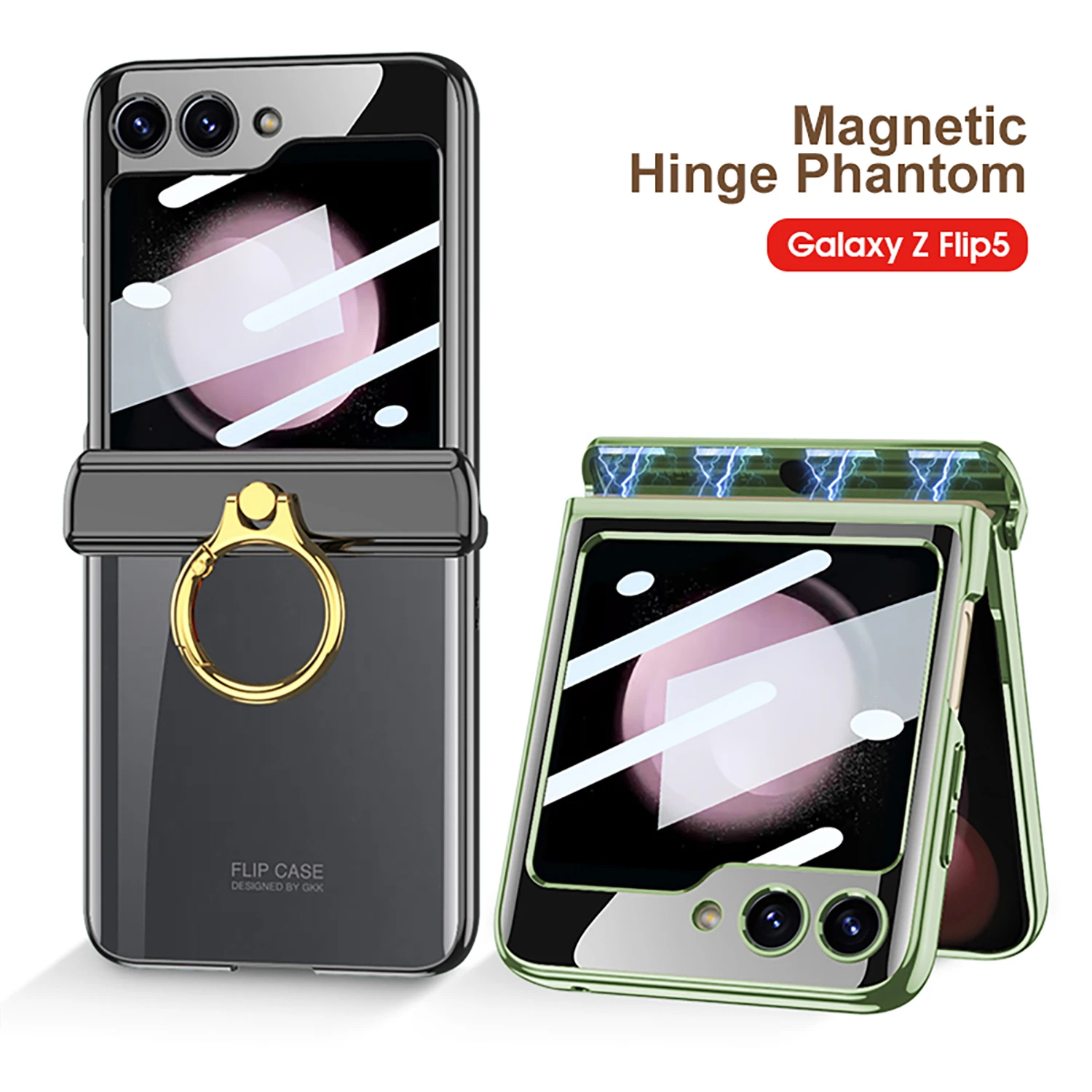 For Samsung Galaxy Z Flip 5 Case Electroplating Transparent Magnetic Folding Hinge Ring Bracket With Mirror Film Shockproof Case