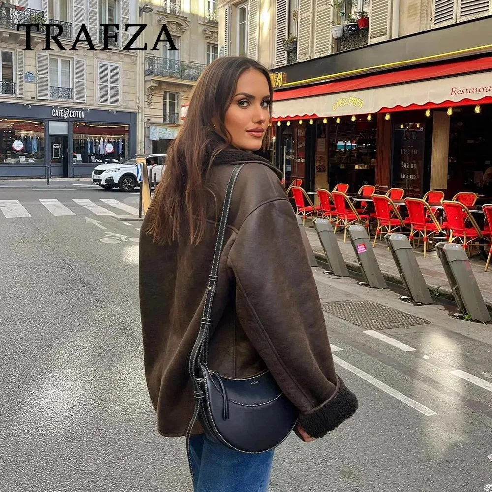 TRAFZA 2023 Autum Winter Vintage Woman Leather Coats Loose Fur Women Jacket Single Breasted Pocket Thick Casual Jackets Parkas