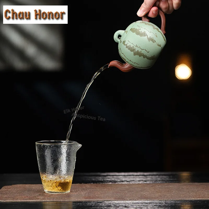 290ml Luxury Yixing Purple Clay Teapots Handmade Watermelon Pot Raw Ore Bean Green Mud Kettle Zisha Tea Set Cha Accessories Gift