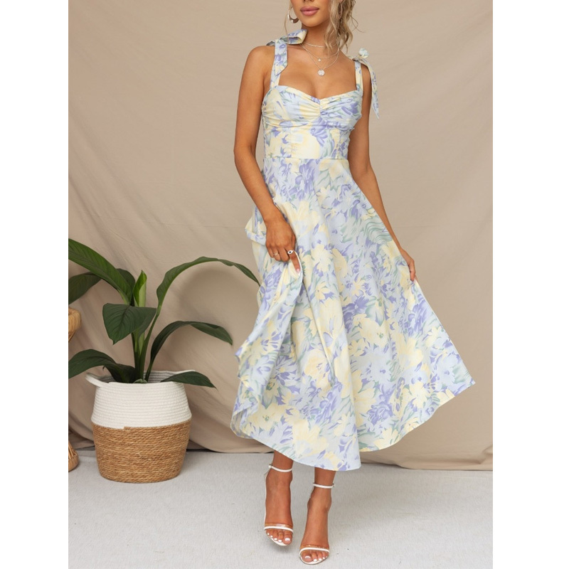 Fashion Summer New Slim Fit Sexy V-neck Mid Length Dress for Women Casual Sleeveless Suspender Printed Sweet Women's Skirt 750