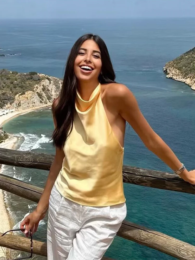 2026 Halter Tops For Women Satin Backless Short Top Female Summer Beach Top Woman off Shoulder Camisole Top Women