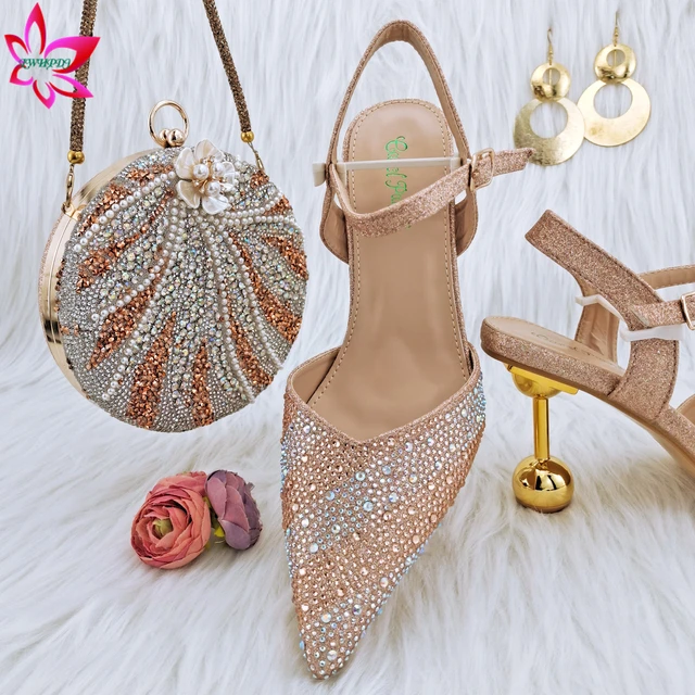 Women Shoes Matching Bag Set with Shinning Crystal with Thin Heels Garden  Party