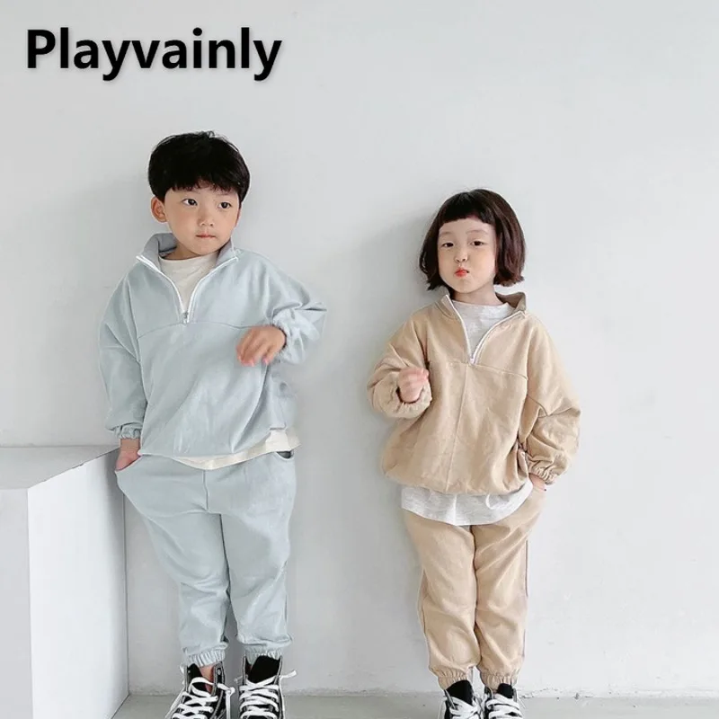 

Korean Style New Spring Autumn Baby Girl Boy Casual Set Solid Color Stand Collar Zipper Sweatshirts+Pants Infant Clothes E8353