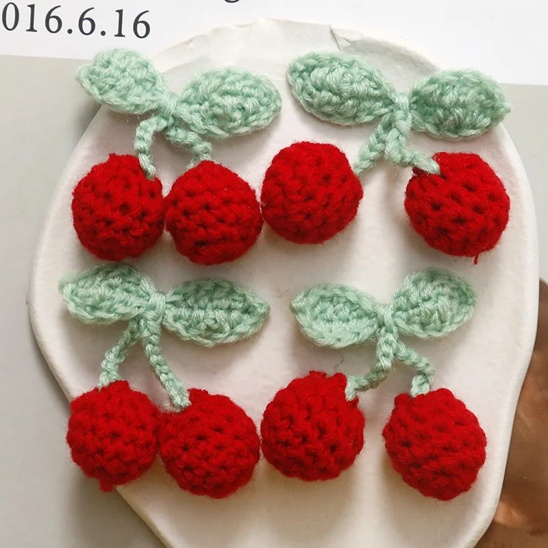 

Jewelry Findings Handmade Thread Woven Crochet Fruit Cherry Patch Ornament Accessories Girl Hair Clip Headband DIY 20pcs 55*45mm
