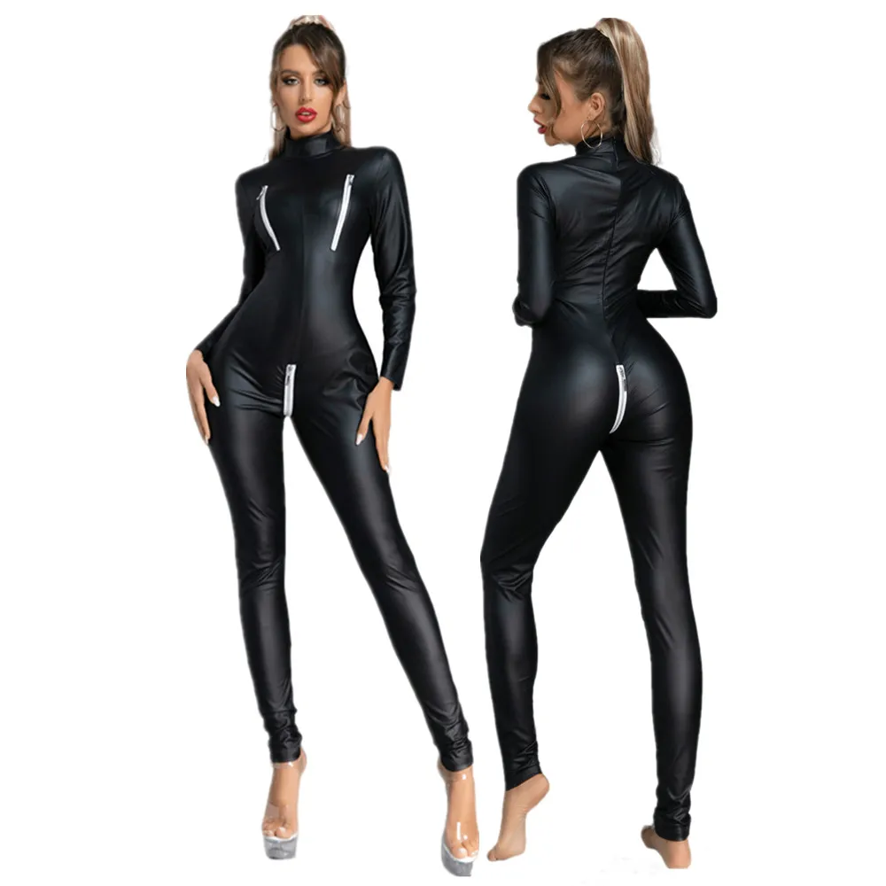 Sexy Womens Shiny Leather Like Catsuit Wet Look Zipper Open Crotch & Open-Cup Dance Parties Fetish Zentai Jumpsuit Plus Size hot 2 way zipper sexy women faux leather bodysuit pvc catsuit erotic wet look sexy club jumpsuit dance wear erotic latex catsuit