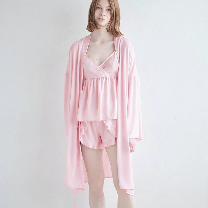 

Pink Bathrobes Set Woman 3 Pieces Simple Robe Women's Pajamas Sexy Suits With Shorts Pijama Robes Women Pajama Sets Nightgowns