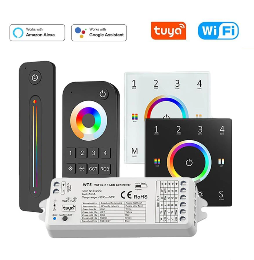 tuya wifi smart life rgbcct led controller dc 12v 24v 2 4g rf wireless remote control app control voice control TUYA WiFi Smart Life  RGBCCT LED Controller DC 12V 24V 2.4G RF Wireless Remote Control APP Control,Voice Control,