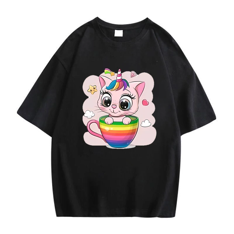 

Harajuku Kawaii Cartoon Cat Print Women Casual T-shirts Spring Summer Fashion High Street Round Neck Short Sleeves Tops Unisex