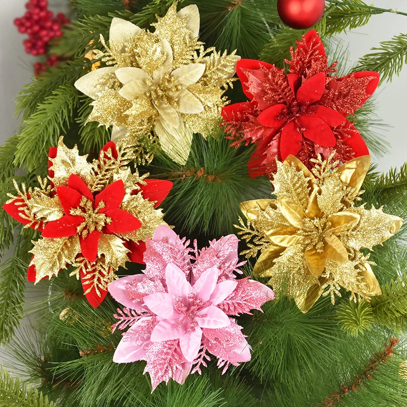 1/5/10PCS Glitter Künstliche Weihnachten Blumen Weihnachten Baum Ornamente Frohe Weihnachten Dekorationen für Zuhause Neue Jahr geschenk Navidad