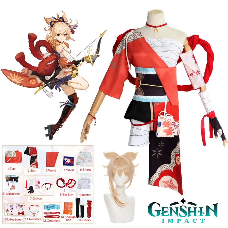 

Genshin Impact Naganohara Yoimiya Cosplay Costumes Anime Game Clothes Women Dress Role Play Uniform Halloween Necklace Props Set