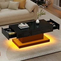 KOMHTOM Table basse noire avec 2 tiroirs et barre lumineuse LED table basse haute brillance 5