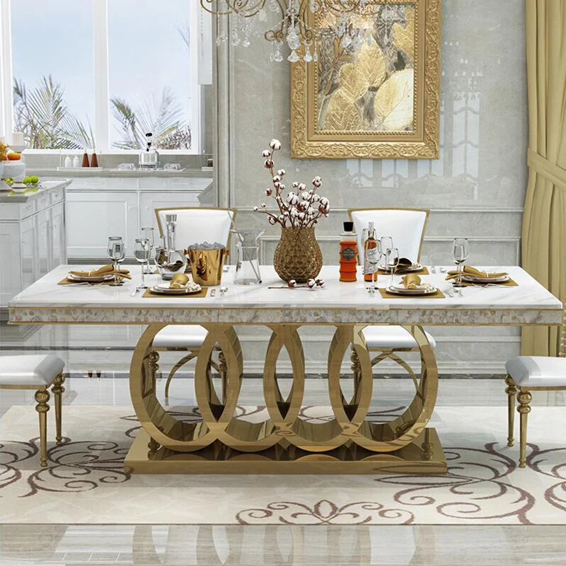 

Post-Modern Marble Top-Grade Dining Table And Chairs Combination Stainless Steel Top Crown Apartment Golden Carved Furniture