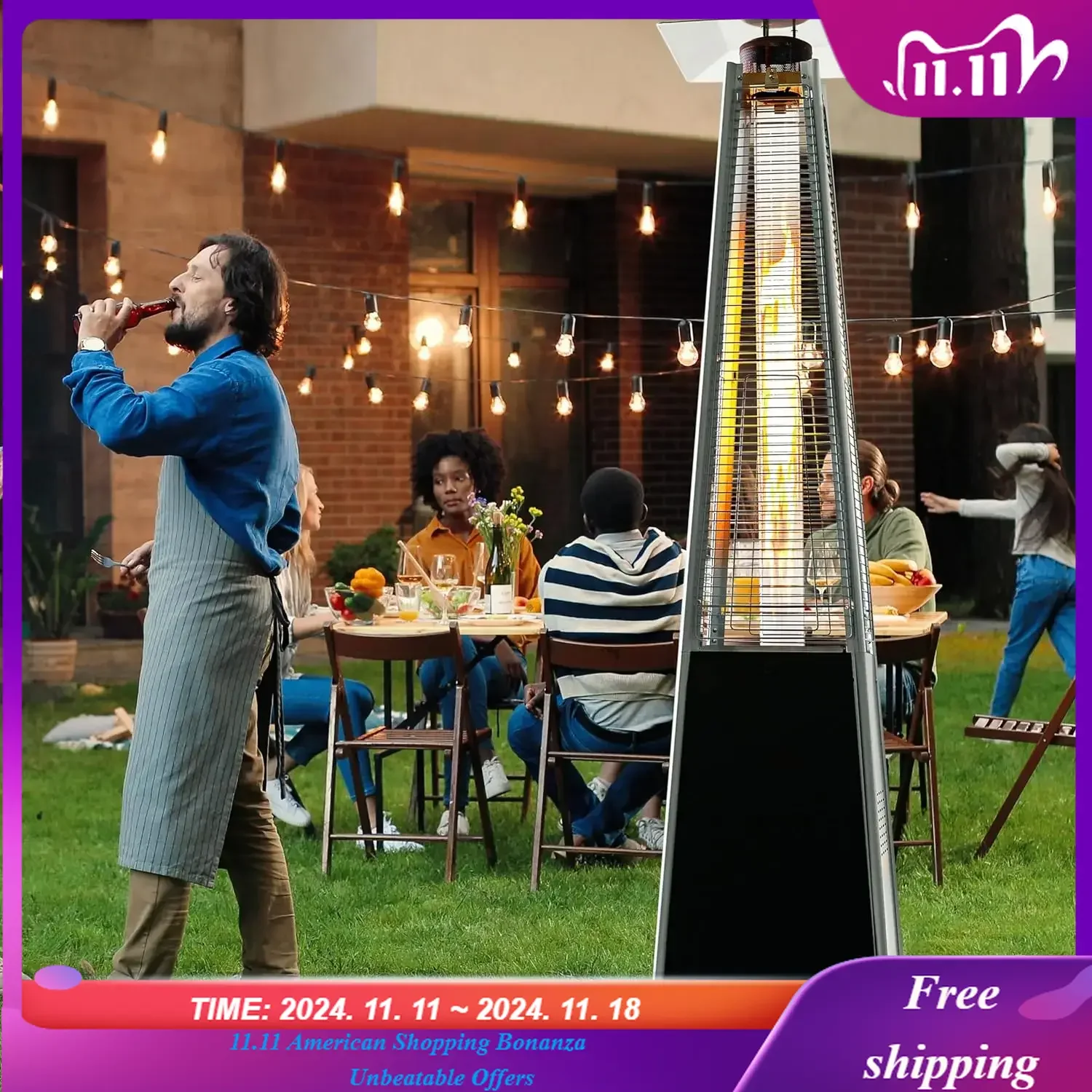 Outdoor Propane Patio Heater, 48,000 BTU Pyramid Outdoor Heater with Wheels, Hammered Bronze Tower Propane Heater