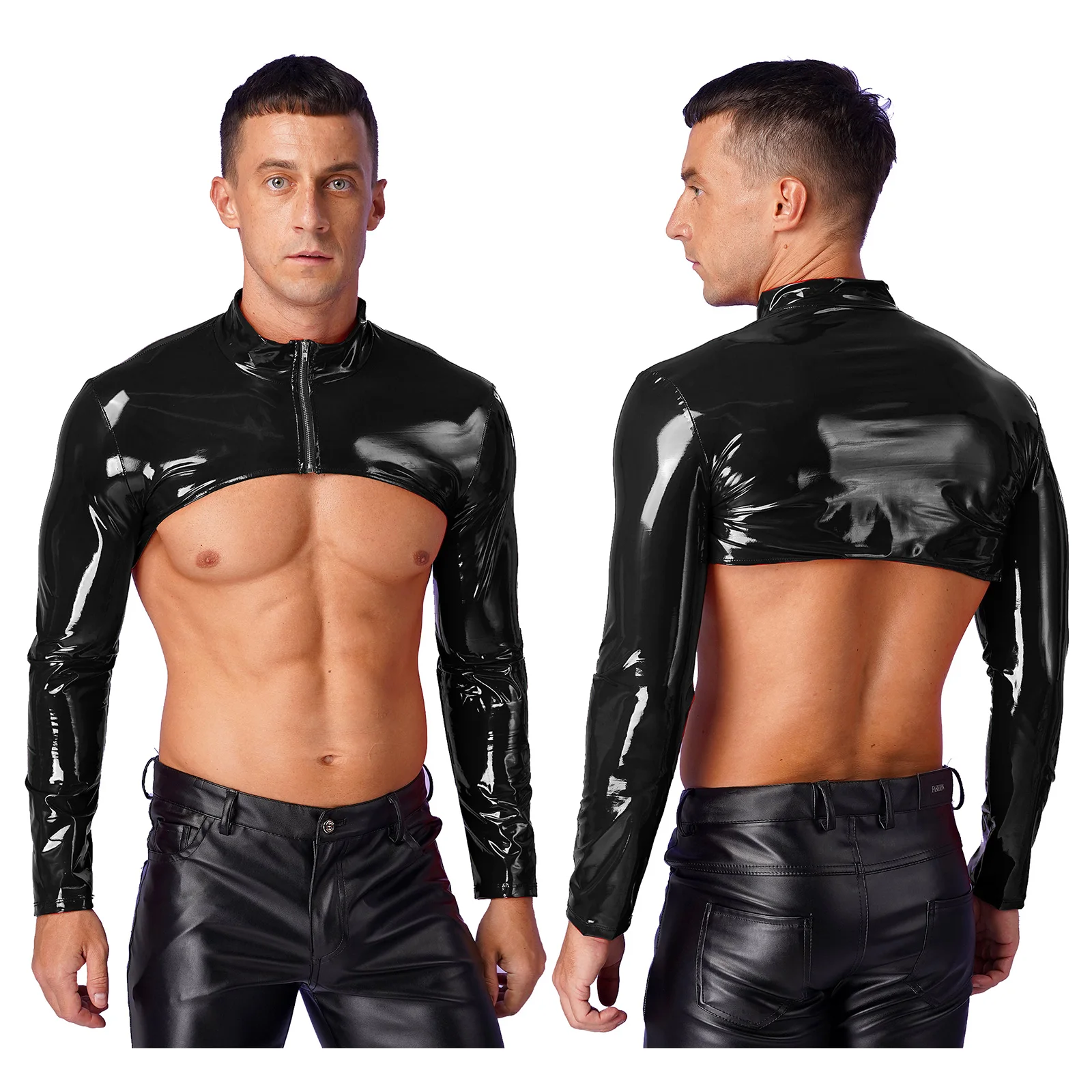 Top corto de charol para hombre, Top corto con cremallera frontal y manga en el brazo, Top ajustado de manga larga, ropa para discoteca, disfraz de fiesta Rave de carnaval