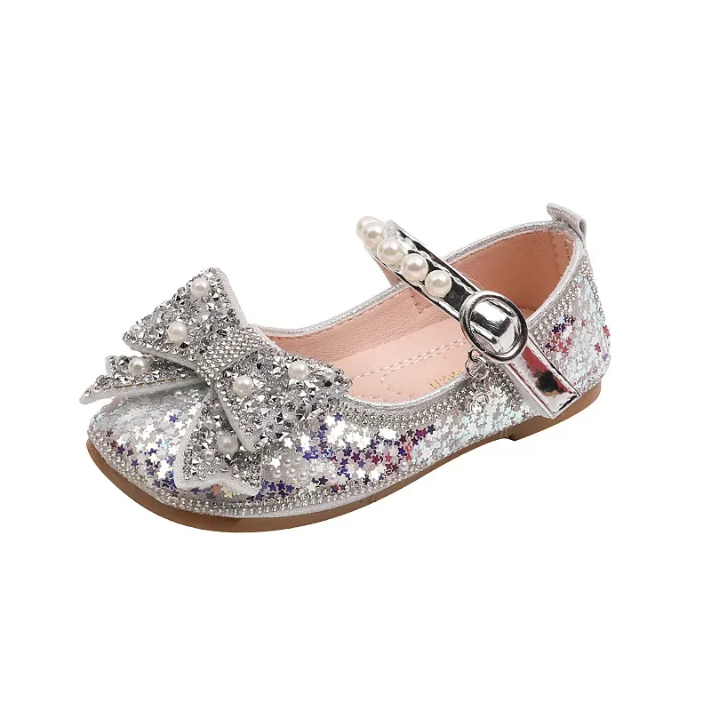 Sapato feminino de couro princesa, sapatilhas de strass infantil, laço de pérola, balé infantil, sapatos Mary Jane, moda luxo