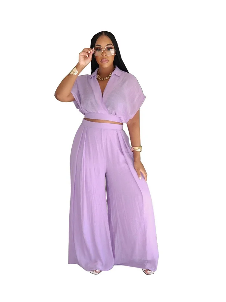 Wmstar Two Piece Outfits Women Wholesale Crop Top and Wide Leg Pants Sets V Neck Shor Sleeve Fashion Street Wear Drop Shopping