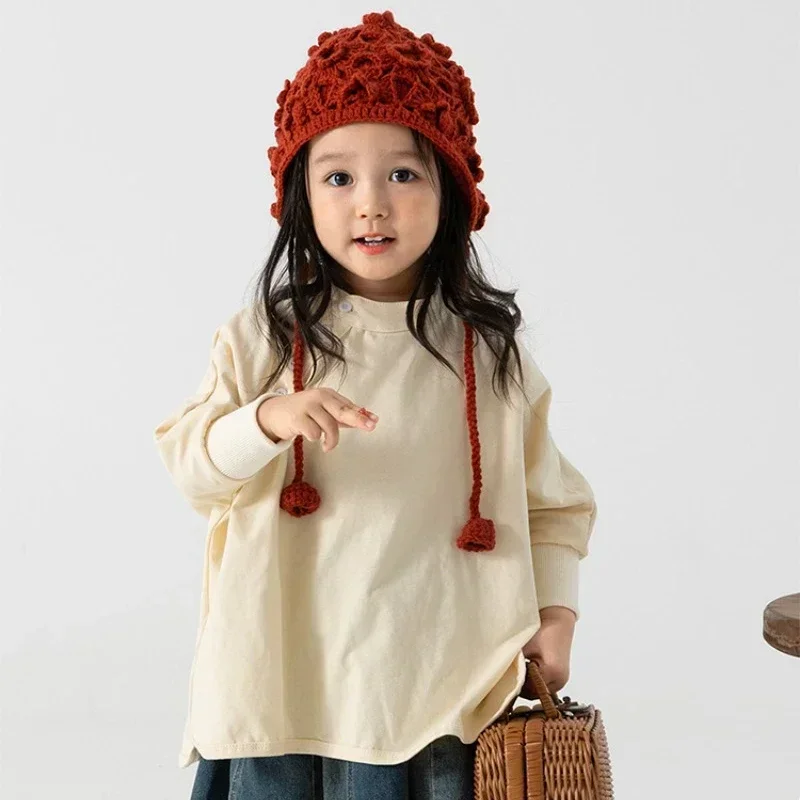 Vintage Flower Kids Hat Autumn Winter Openwork Flower Beanie Girl Hand Knitted Fringe Strap Ear Protection Princess Hat 3