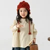 Vintage Flower Kids Hat Autumn Winter Openwork Flower Beanie Girl Hand Knitted Fringe Strap Ear Protection Princess Hat 3
