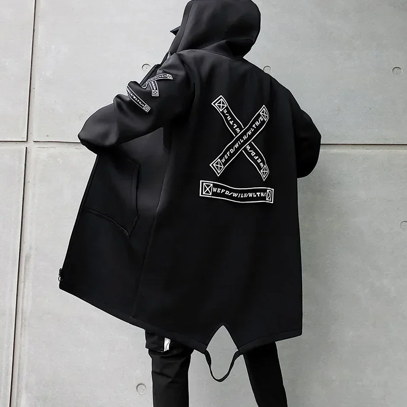 Customizable Spring Autumn Men Hooded Jackets Print Windbreaker Ribbon Overcoat Male Casual Outwear Hip Hop Streetwear Coats trench coat warmth coat waterproof windbreaker jacket casual men jacket outdoor jackets