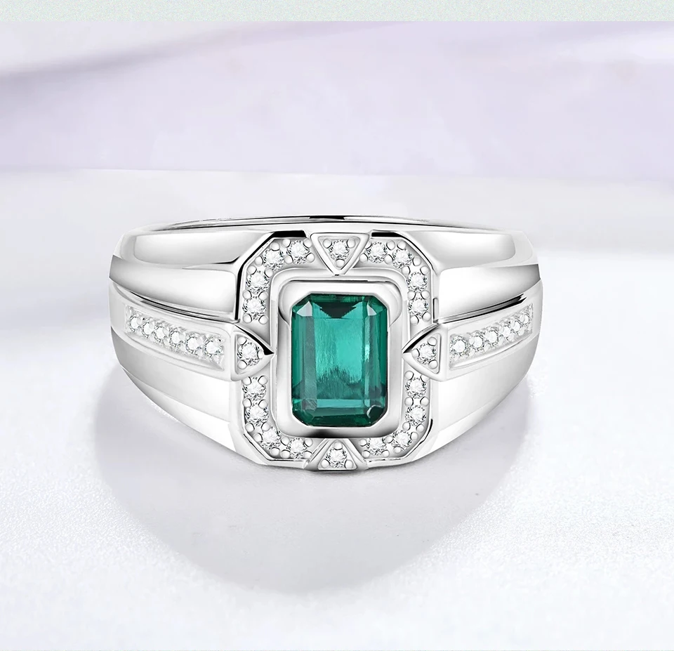 CHARMING Original Green Emerald Ring for Men Faced Cutting Gemtone 925 Sterling Silver Daily Jewelry Birthday Gifts