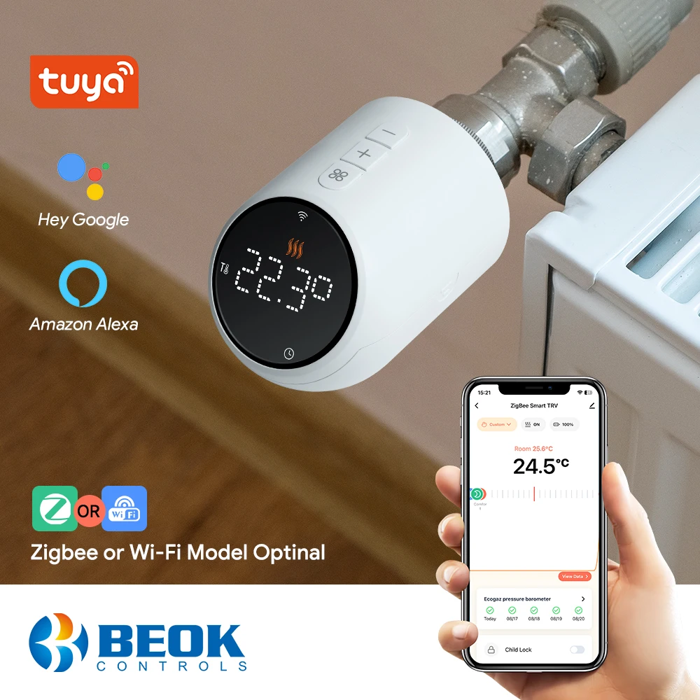 Thermostatic Valve Controller Smart Thermostat Temperature Controller Beok Tuya WIFI Radiator Thermostat Valve Zigbee TRV Temperature Controller Programable Heating with Google Home Alexa