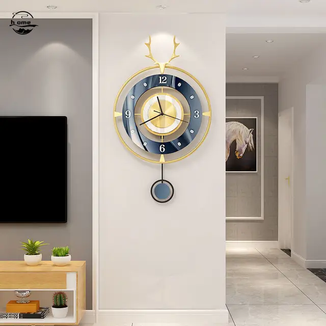 Metal Deer Head Luxury Round Large Pendulum Wall Clocks 1