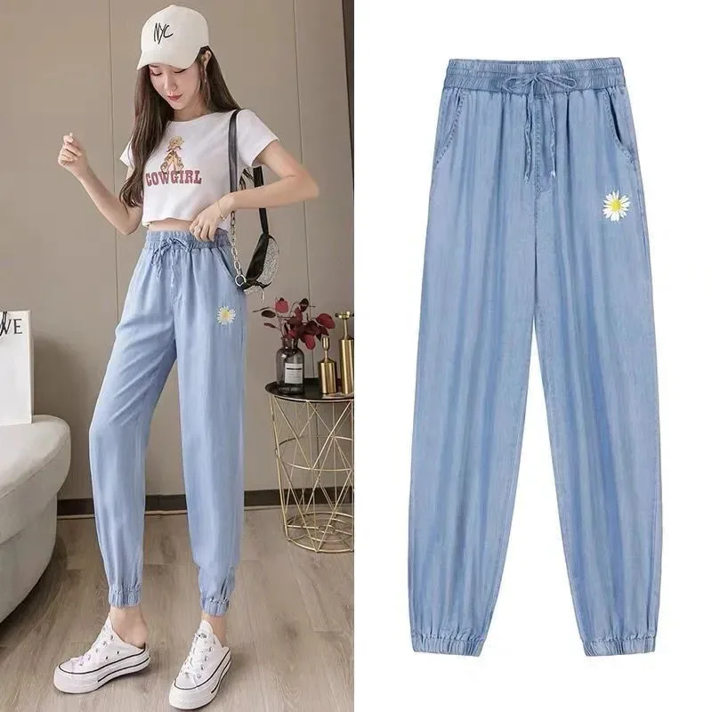 

Large Women Ankle-length Harem Pants High Waist Elastic Casual Pantalones Korean Fashion Loose Trousers Ice Silk Blue Sweatpans