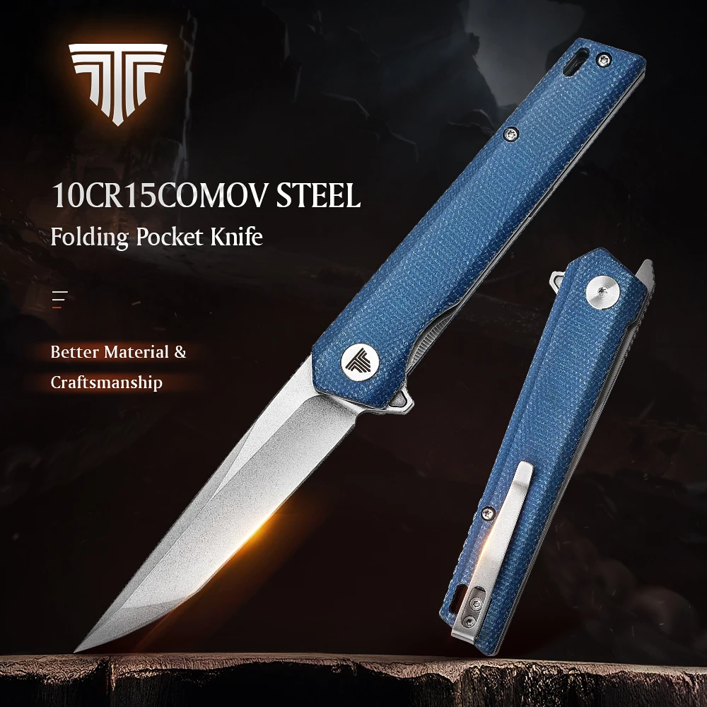

TRIVISA Tanto Folding Knife for Men，Japanese Style EDC Tactical Pocket Knife with Clip，10Cr15CoMoV Steel Blade& Micarta Handle