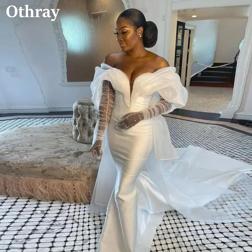 

Othray Satin Mermaid Wedding Dresses African Bridal Gowns Puff Off The Shoulder Sweet Train Plus Size Robe De Mariee 2025