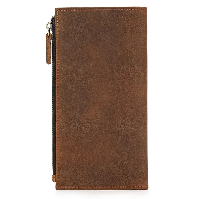 Fashionable Crazy Horse Leather Men's Long Wallet with Multifunctional Card Slots and Zipper Pocket