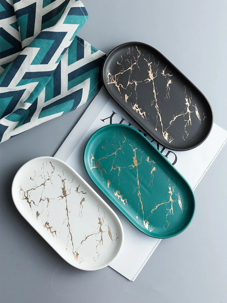 Jewelry tray ceramic soap holder Nordic ins ceramic marble oval tray jewelry storage tray bathroom cup bath decoration accessories soap holder golden wave WF
