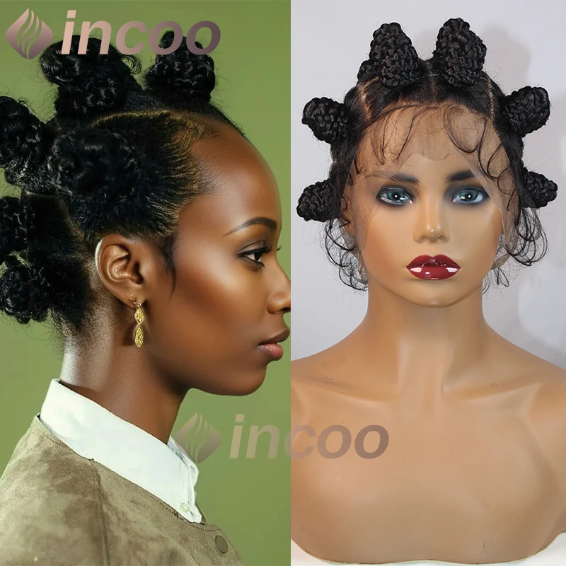 

Black Bantu Knots Synthetic Braid Wig Full Lace Crochet Box Braided Wig For African Women Knotless Twist Buns Cornrow Braids Wig