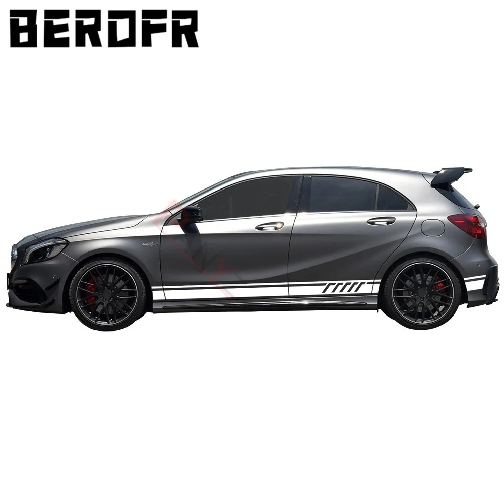 

Наклейки для Mercedes Benz W176 класса A A45 AMG A180 A200, стильные Стикеры с боковыми полосками, цвет черный/серебристый, углеродное волокно