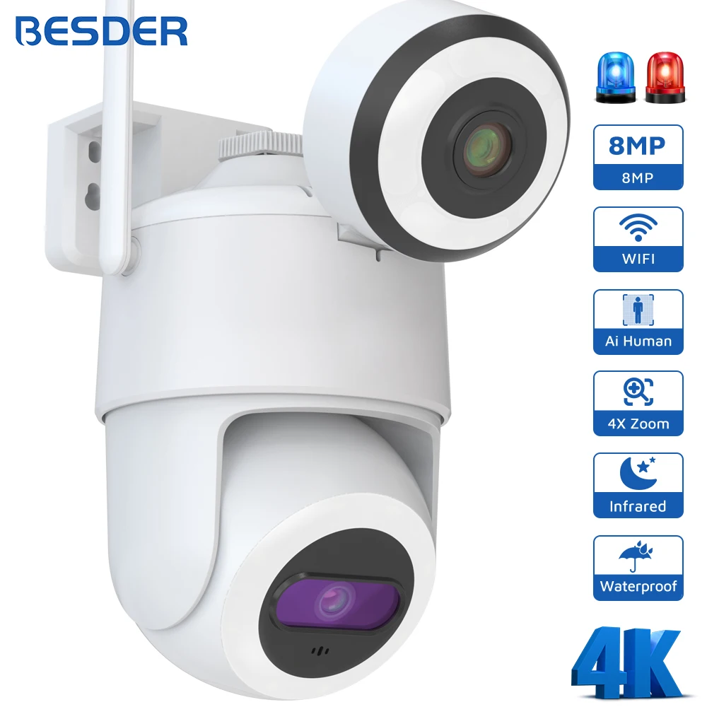 8MP PTZ IP Camera Human Detection Auto Tracking Outdoor 4MP Dual Screen CCTV Wifi Surveillance Camera Security Protection iCSee