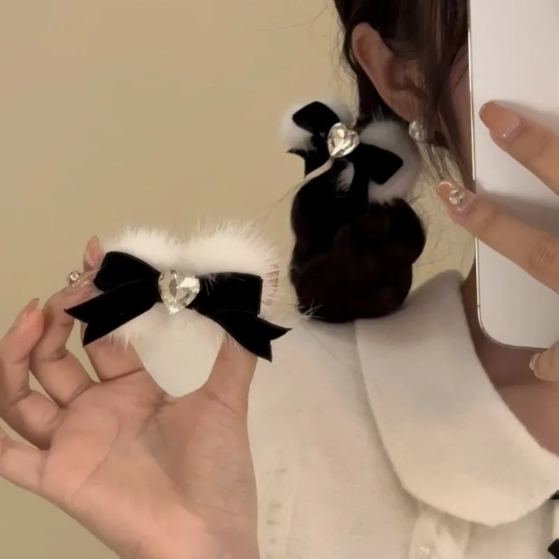 Plush Bow Water Diamond Velvet Hair Clip for Girls High Quality Advanced Horsetail Clip Hair Accessories